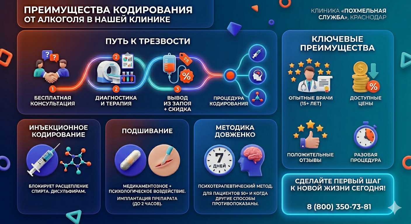 Инфографика о методах кодирования от алкоголя в Барде: инъекции, подшивание, метод Довженко. Преимущества клиники и этапы лечения.